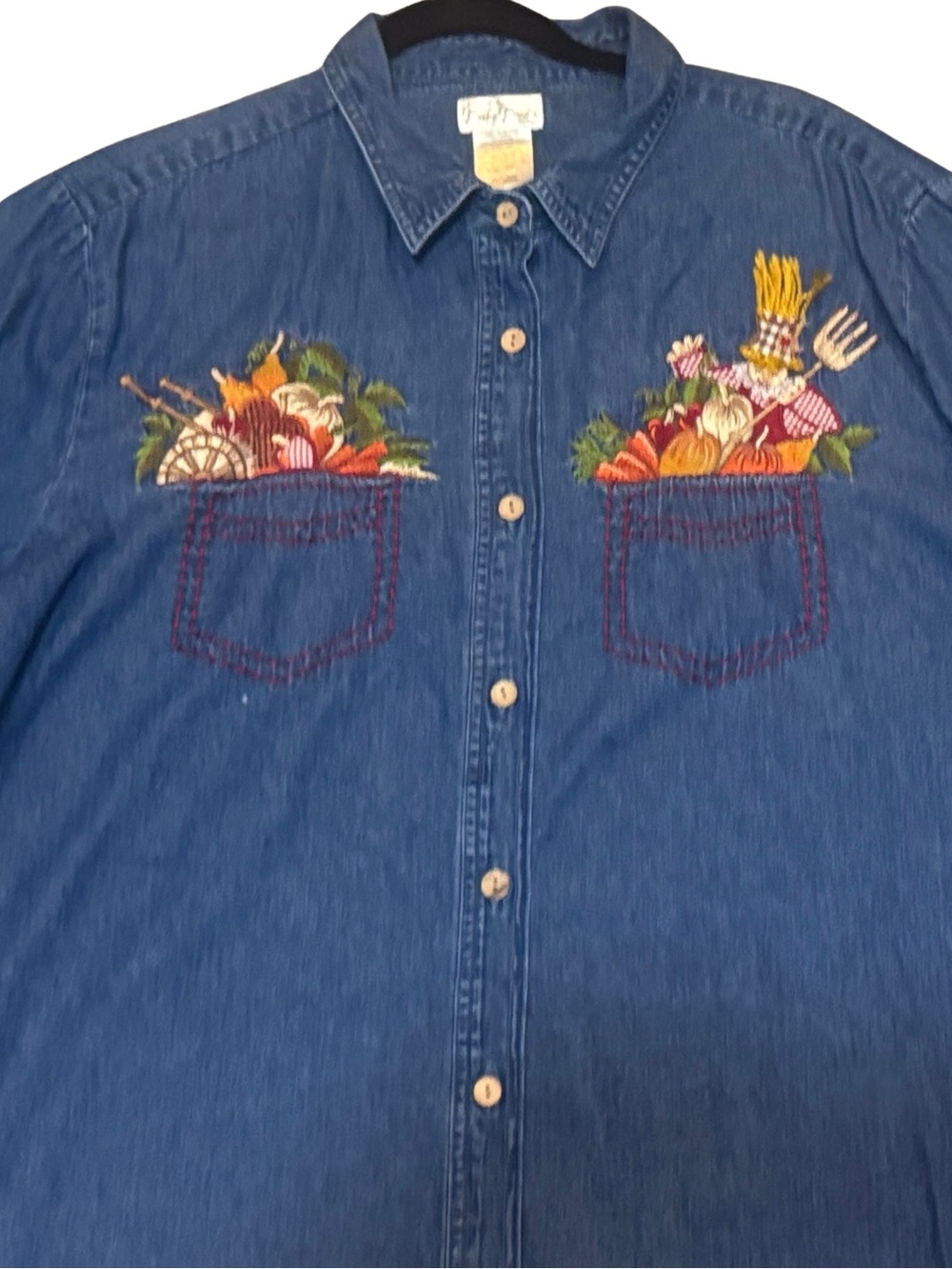 Women’s Blue Jean Denim Button-Front Shirt w/ Embroidered Fall Harvest Scenes